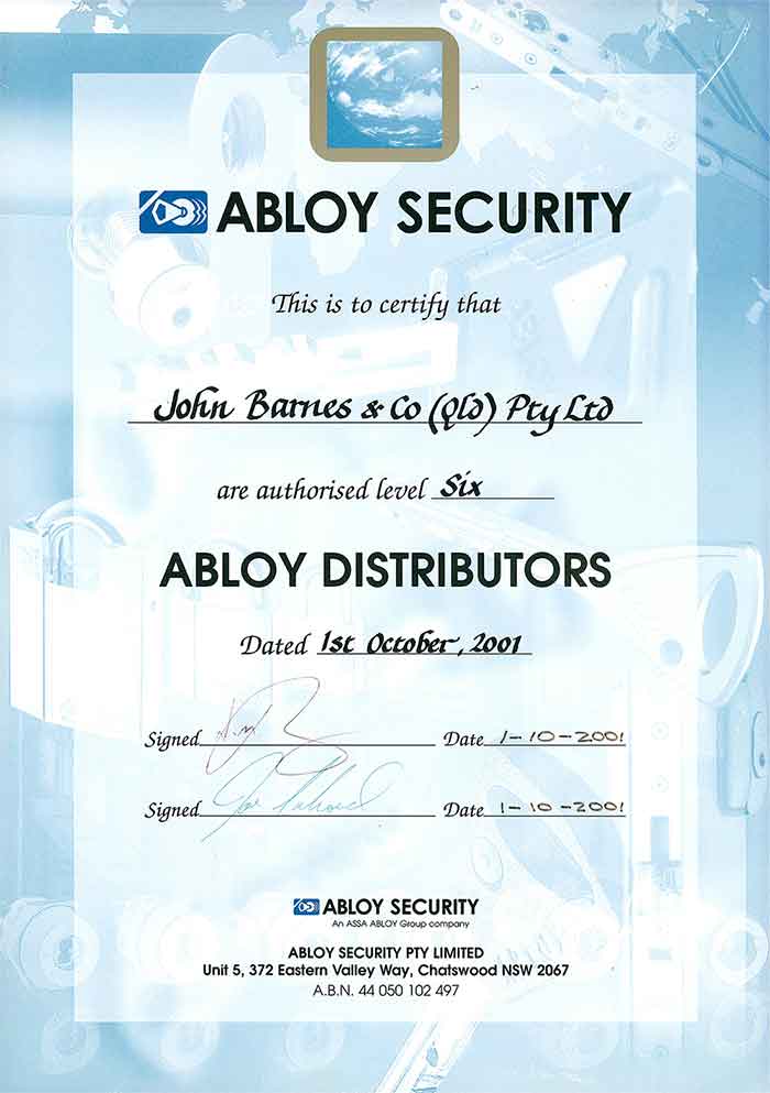 ABLOY Security certificate for John Barnes & Co